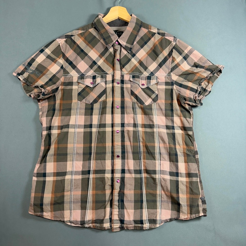 GUESS Los Angeles Men XL Plaid Western Pearl Snap Shirt Embroidered Short Sleeve